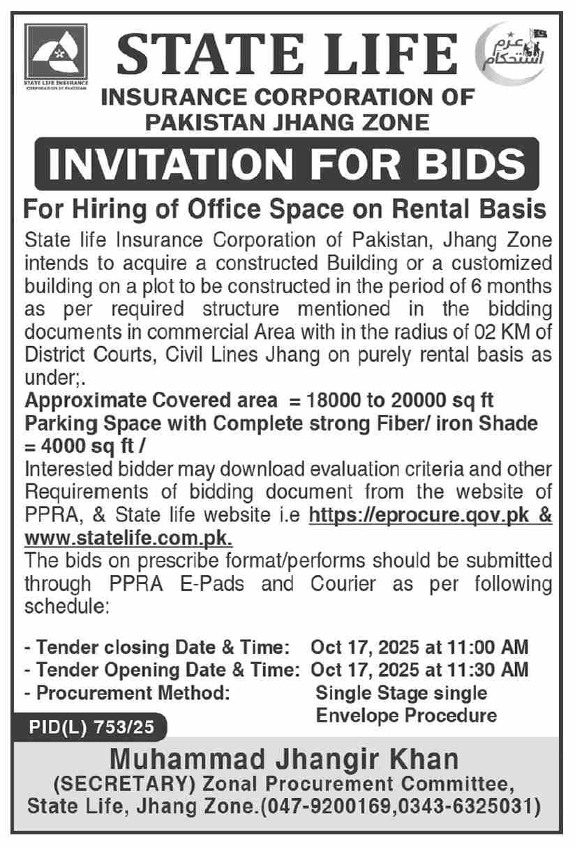 State Life Insurance Corporation of Pakistan Jhang Tender Notice